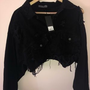 distressed cropped denim jacket black